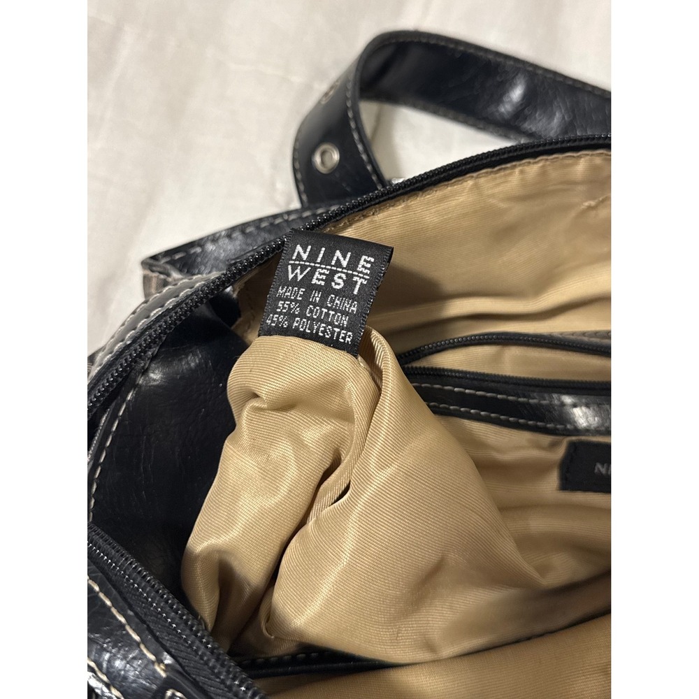 Nine West Geometric Print Satchel Shoulder Bag Black Tan with Coin Pouch Large - Picture 10 of 16